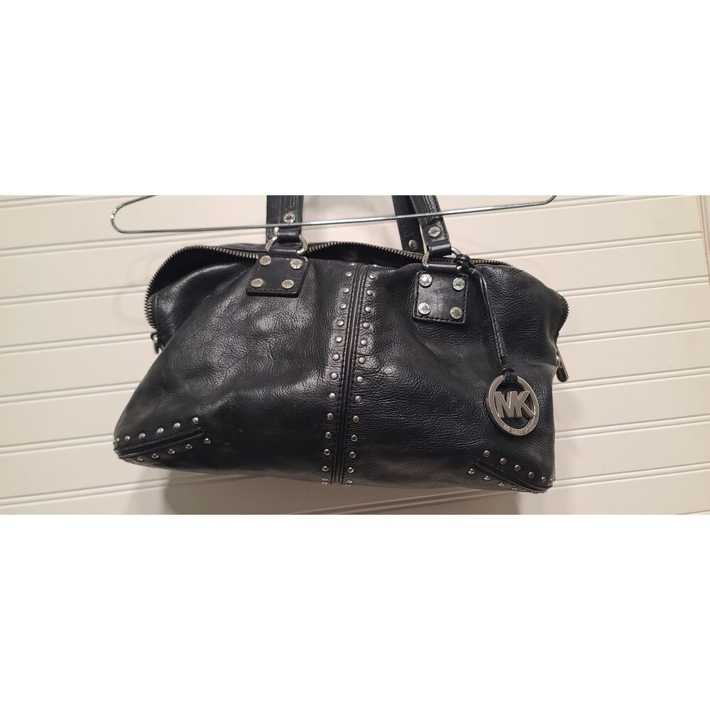 Michael Kors Black Leather Astor Studded Satchel Bag W/Silver Hardware - Picture 6 of 7